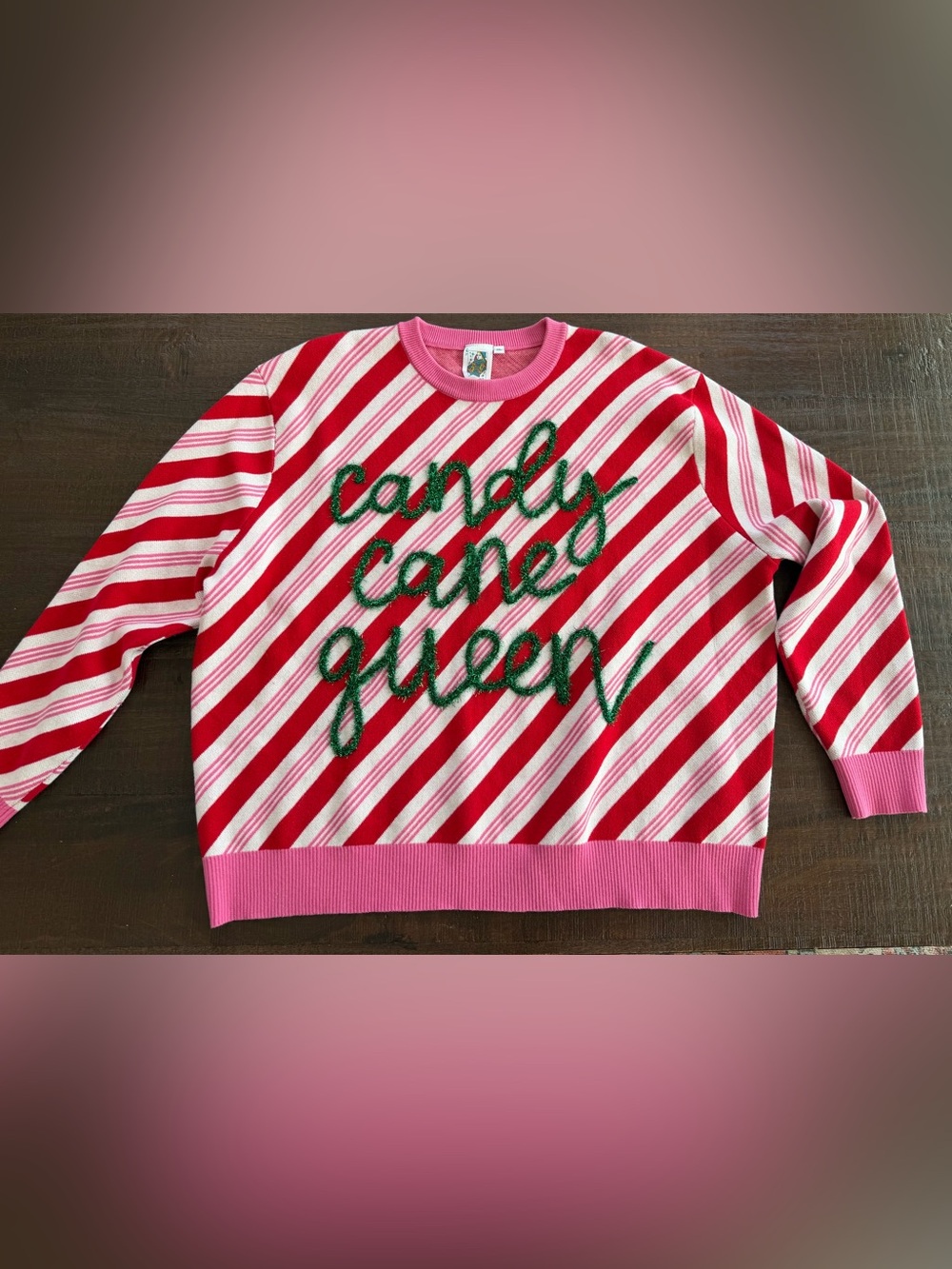 QUEEN OF SPARKLES Pink, Red & Green Candy Cane Queen Sweater